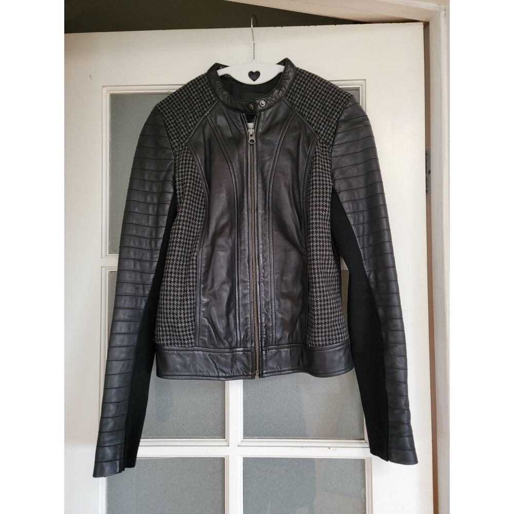 Trouvé Leather Moto Jacket Houndstooth Wool Blend Panels Black Gray XXS